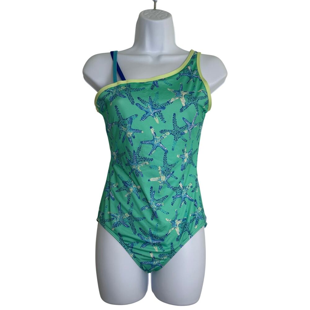 Lands End one Piece Starfish Swimsuit Blue Green Size XL 14-16 Girls Shimmer